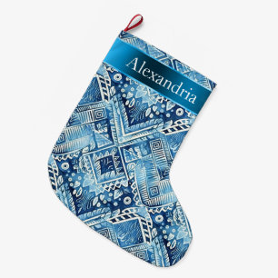 Aqua Blue Batik Christmas Name Large Christmas Stocking