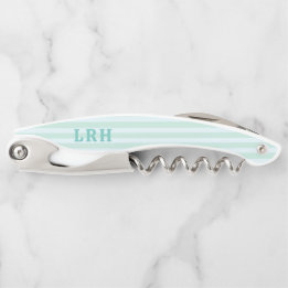 Aqua Blue Beach Stripe Tiny Initials Monogram Corkscrew