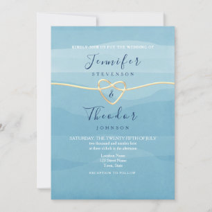 Aqua Blue Beach Wedding Invitation with Gold Heart