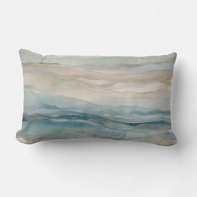 Aqua Blue Beige Teal Cream Abstract Wave Pattern Lumbar Pillow (Front)