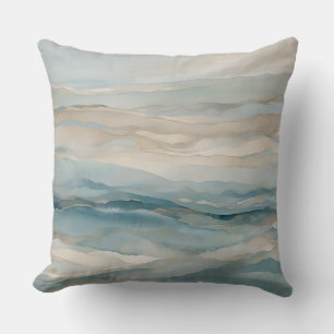 Aqua Blue Beige Teal Cream Abstract Wave Pattern Throw Pillow