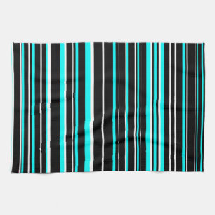 Aqua Blue, Black, and White Barcode Stripe Kitchen Towel