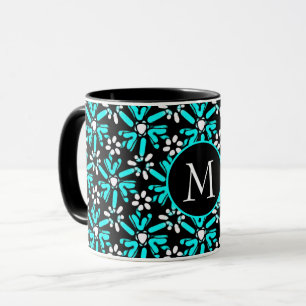 Aqua Blue & Black Batik Flower Pattern Monogram Mug