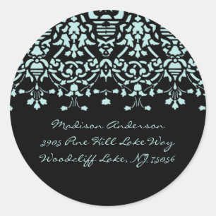 Aqua Blue & Black Damask Address Label Sticker