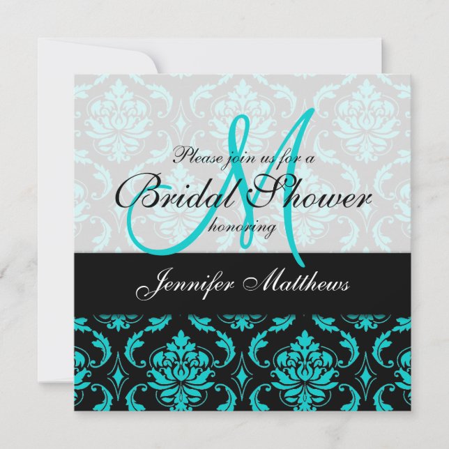 Aqua Blue Black Damask Bridal Shower Invitation (Front)