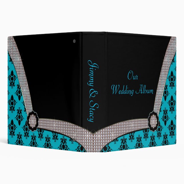 Aqua Blue & Black Damask Gem Sparkle Binder (Background)