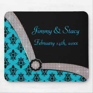 Aqua Blue & Black Damask Gem Sparkle Mouse Pad