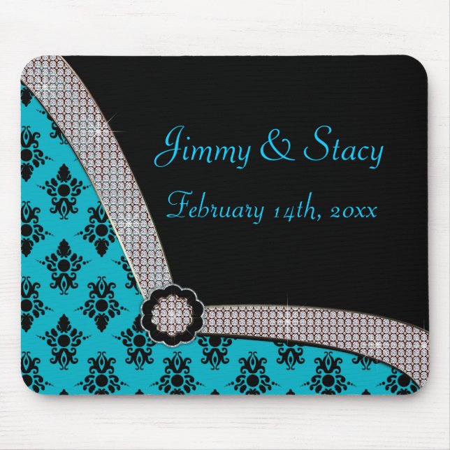 Aqua Blue & Black Damask Gem Sparkle Mouse Pad (Front)