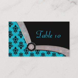 Aqua Blue & Black Damask Gem Sparkle Place Card