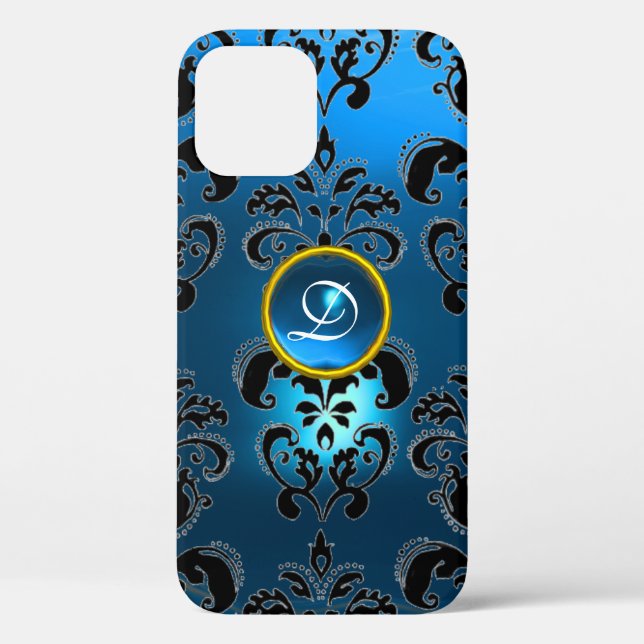 AQUA BLUE BLACK DAMASK GEMSTONE  MONOGRAM Case-Mate iPhone CASE (Back)