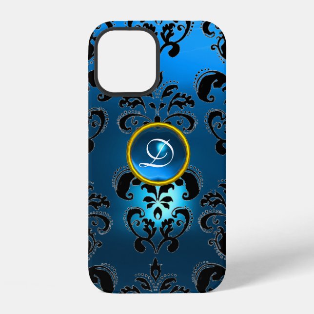 AQUA BLUE BLACK DAMASK GEMSTONE  MONOGRAM iPhone CASE (Back)