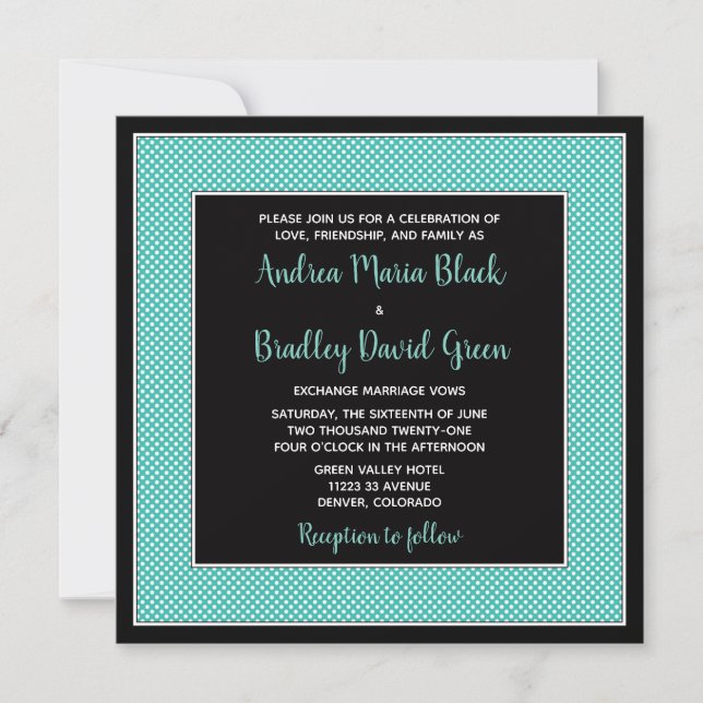 Aqua Blue Black Polka Dot Wedding Invitation (Front)