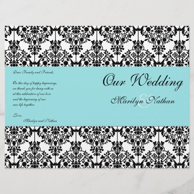 Aqua Blue, Black, White Damask Wedding Program (Front)