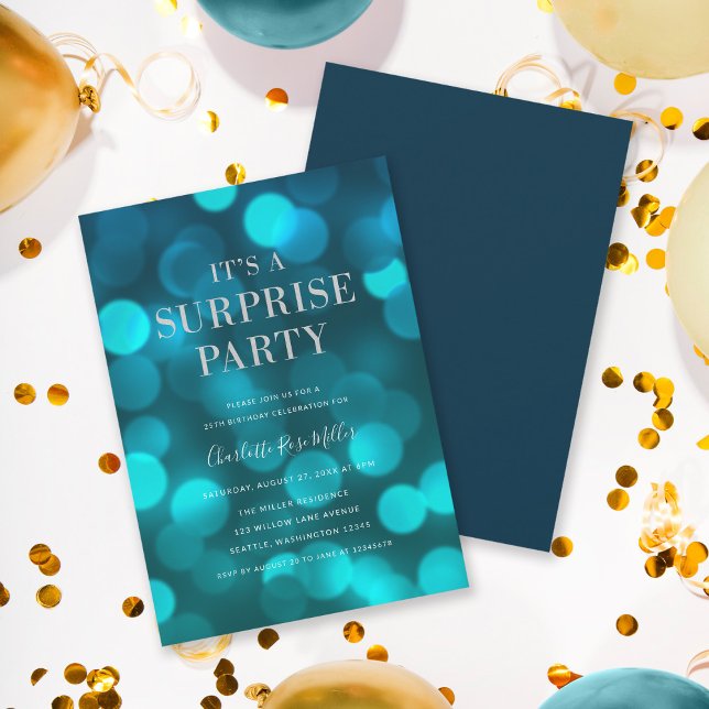 Aqua Blue Bokeh It's a Surprise Party Birthday Invitation (Creator Uploaded)