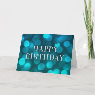 Aqua Blue Bokeh Lights Faux Silver Happy Birthday Card