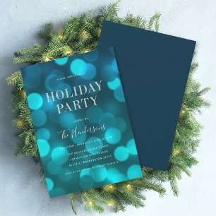 Aqua Blue Bokeh Lights Faux SIlver Holiday Party Invitation