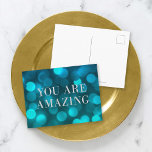Aqua Blue Bokeh Lights Faux Silver You Are Amazing Postcard<br><div class="desc">Chic motivational postcard featuring the words "You Are Amazing" in faux silver foil against an aqua blue bokeh lights pattern background. To add text to the the card click the "Customize" button. *Please note that the Zazzle Watermark that appears in the zoom preview will NOT appear on the final printed...</div>