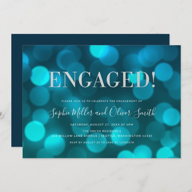 Aqua Blue Bokeh Lights Silver Engagement Party Invitation (Front/Back)