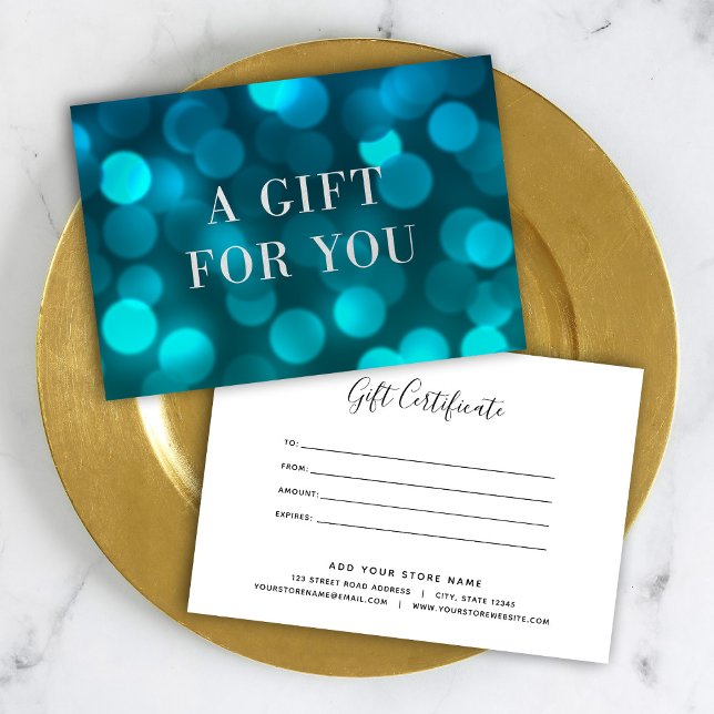 Aqua Blue Bokeh Lights Silver Gift Certificate (Creator Uploaded)