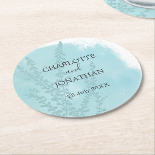 Aqua Blue Botanical Watercolor Wash Wedding  Round Paper Coaster