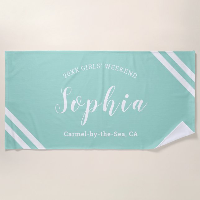 Aqua Blue Boys Girls Weekend Personalized Name Beach Towel (Front)