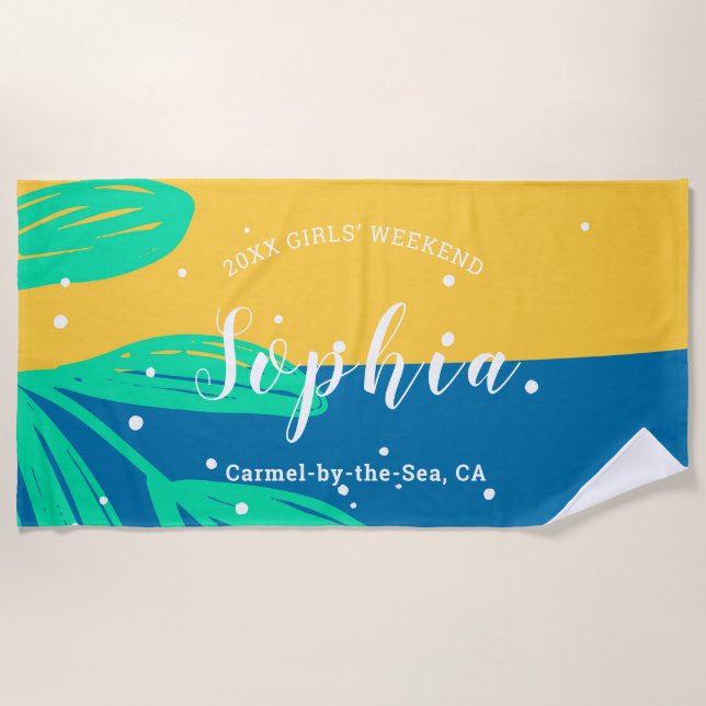 Aqua Blue Boys Girls Weekend Personalized Name Beach Towel (Front)