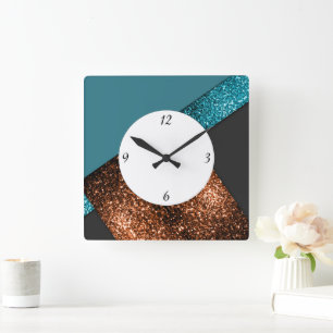 Aqua blue bronze sparkles design with numbers square wall clock