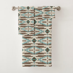 Aqua Blue Brown Aztec Pattern Bath Towel Set