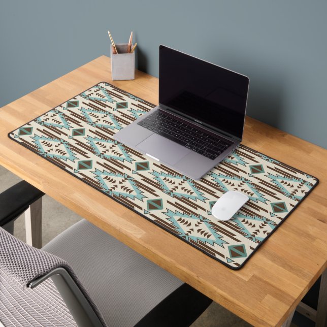 Aqua Blue Brown Aztec Tribal Pattern Desk Mat (Office 2)