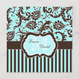 Aqua Blue Brown blanc rayé Damask Invitation