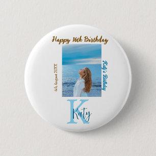 Aqua blue brown happy 16th birthday photo name 2 inch round button