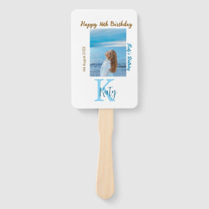 Aqua blue brown happy 16th birthday photo name  hand fan
