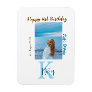 Aqua blue brown happy 16th birthday photo name magnet