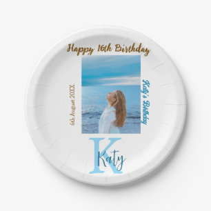 Aqua blue brown happy 16th birthday photo name paper plate
