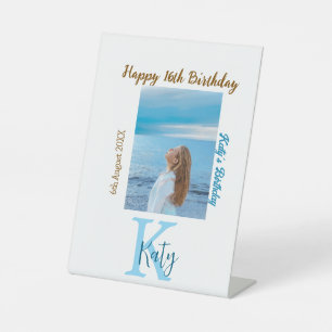 Aqua blue brown happy 16th birthday photo name pedestal sign