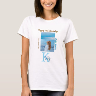 Aqua blue brown happy 16th birthday photo name  T-Shirt