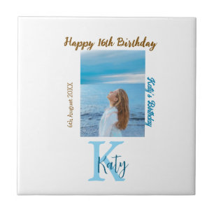 Aqua blue brown happy 16th birthday photo name  tile