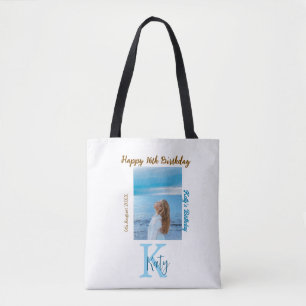 Aqua blue brown happy 16th birthday photo name  tote bag