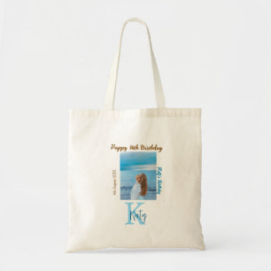 Aqua blue brown happy 16th birthday photo name tote bag