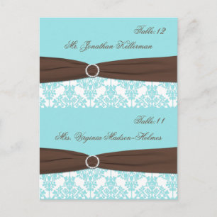 Aqua Blue, Brown, White Damask Place Cards