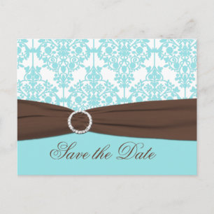 Aqua Blue, Brown, White Damask Save the Date Card