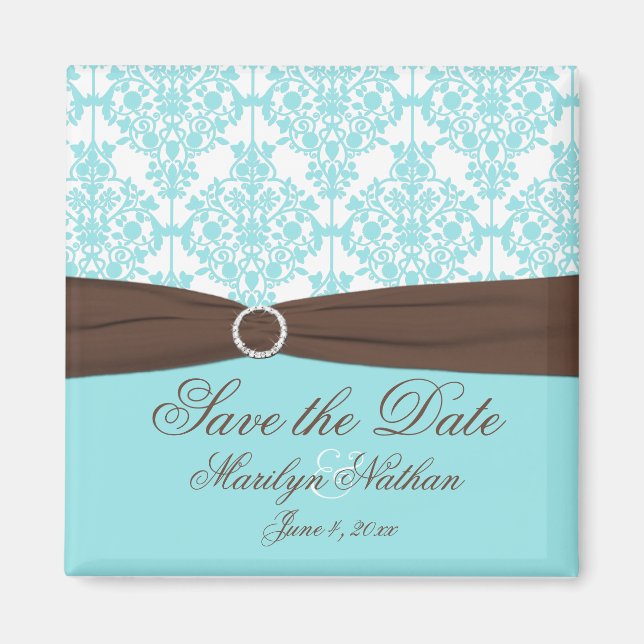 Aqua Blue, Brown, White Damask Save the Date Magnet (Front)