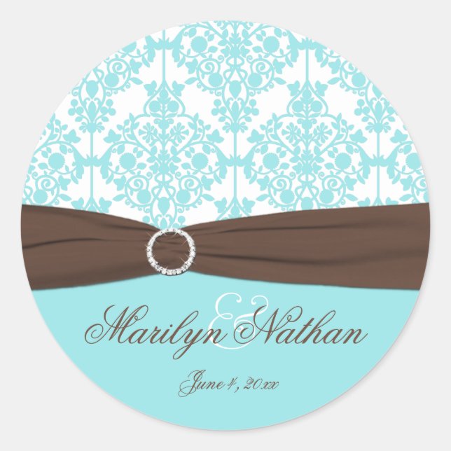 Aqua Blue, Brown, White Damask Wedding Sticker (Front)