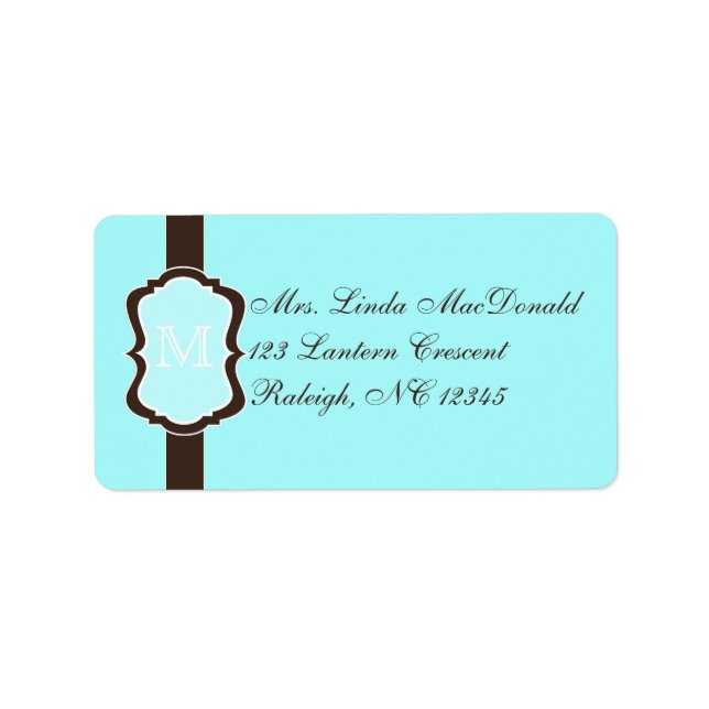 Aqua Blue, Brown, White Monogrammed Address Label (Front)
