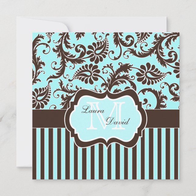 Aqua Blue Brown White Striped Damask Invitation (Front)