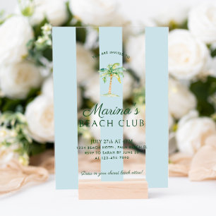 Aqua Blue Cabana Stripes Palm Beach Club Birthday Acrylic Invitations