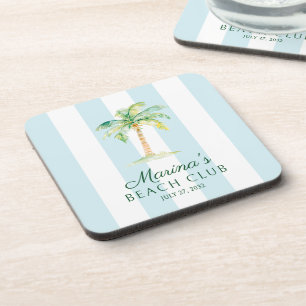 Aqua Blue Cabana Stripes Palm Beach Club Birthday Coaster