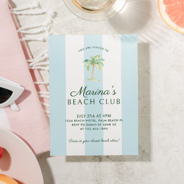 Aqua Blue Cabana Stripes Palm Beach Club Birthday Invitation (Creator Uploaded)