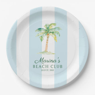 Aqua Blue Cabana Stripes Palm Beach Club Birthday Paper Plate