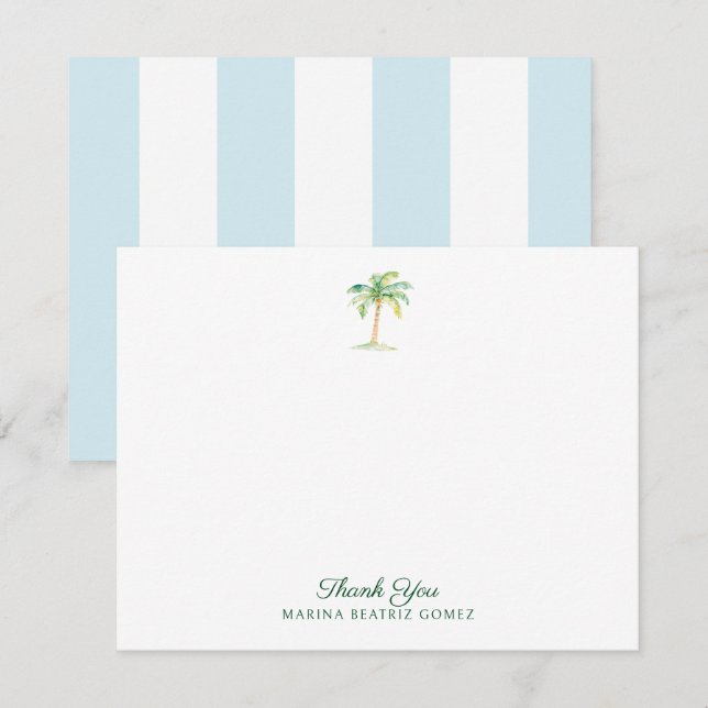 Aqua Blue Cabana Stripes Palm Tree Thank You Card (Front/Back)